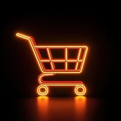 bold 3D neon shopping icon in orange and yellow hues, illuminated against a dark background.