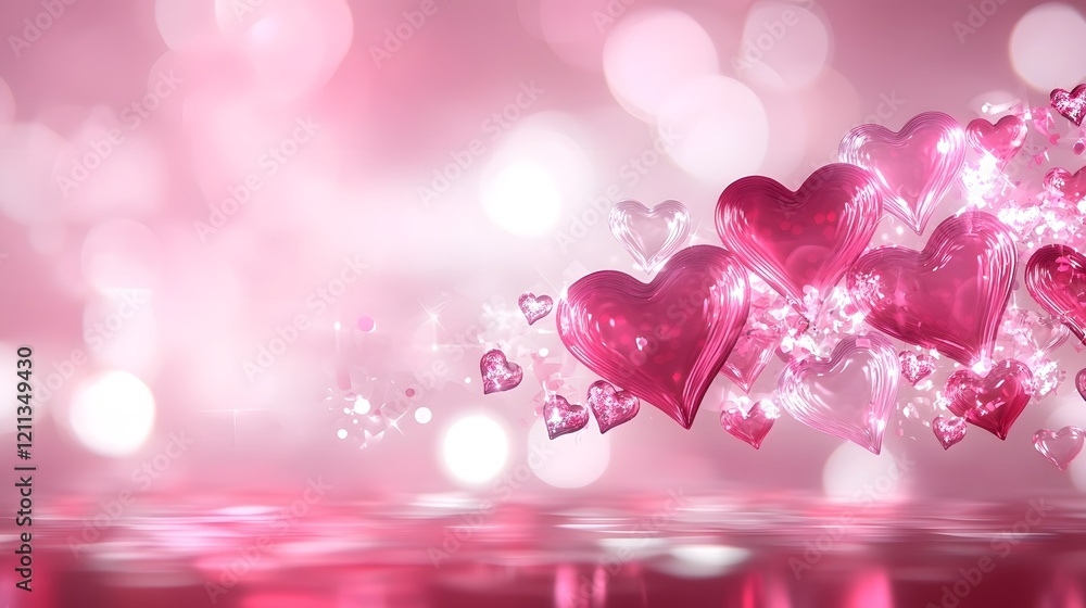 Poster Vibrant heart shaped in vivid shades of pink and red dynamically arranged against a luminous gradient backdrop evoking a cheerful and romantic vibe for Valentine s Day and other romantic occasions