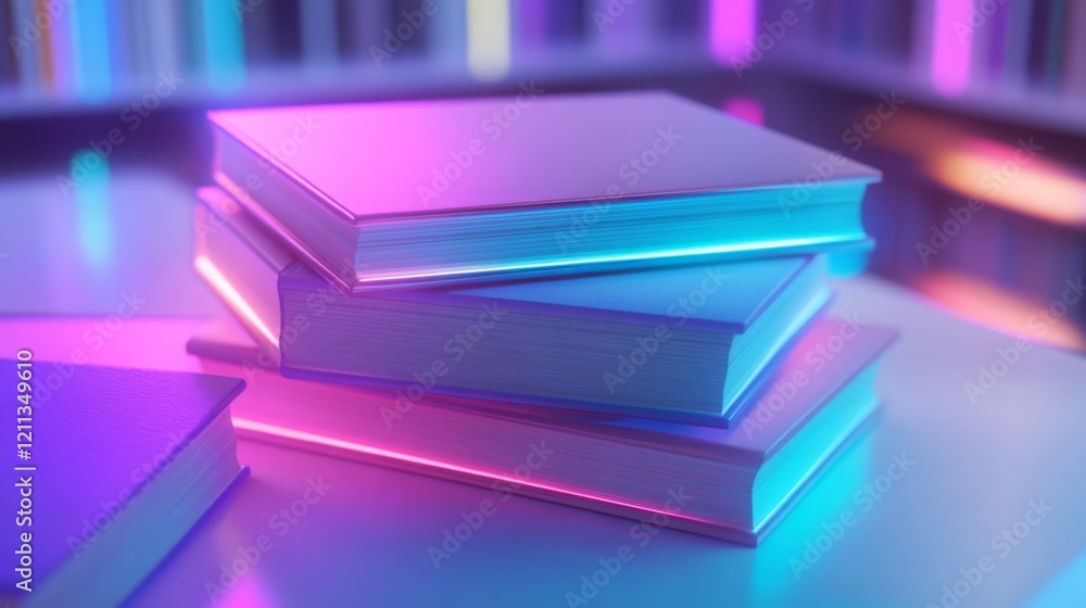 Poster stack of books illuminated with vibrant neon lights against a blurred background in a library