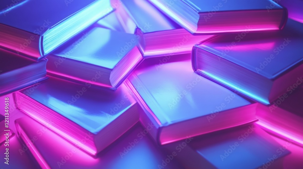 Poster a stack of books illuminated by neon lights creating a modern and vibrant image