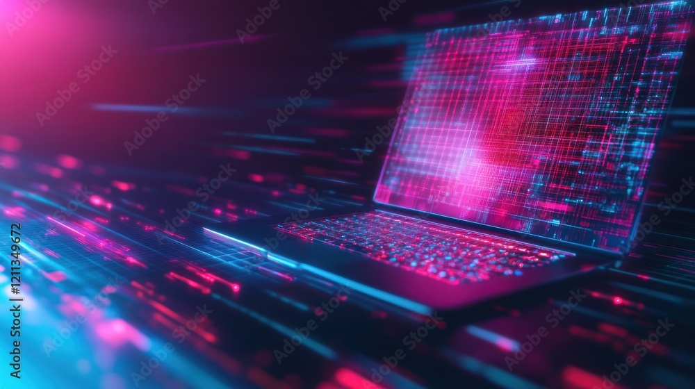 Poster neon digital matrix: futuristic laptop displaying binary code in a vivid cyber world