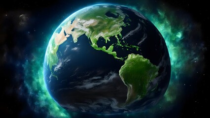 Fototapeta premium High-resolution 3D render of Earth from space, showing detailed landmasses and oceans, surrounded by a vibrant teal nebula.