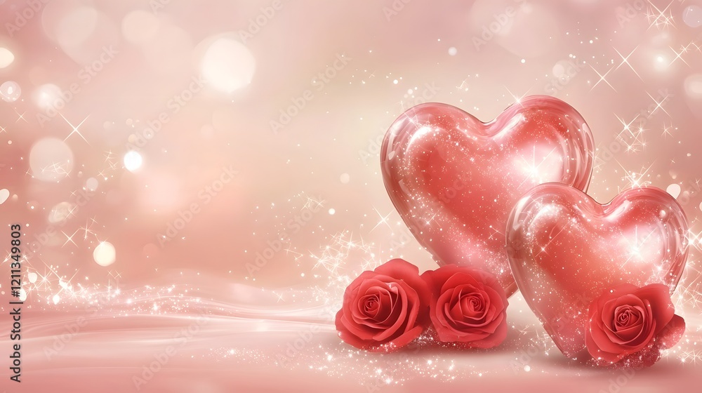 Poster elegant heart shaped chocolate box paired with vibrant red roses displayed on a warm pink surface wi