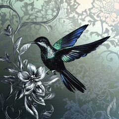 Hummingbird in Flight Amidst Ornate Floral Design