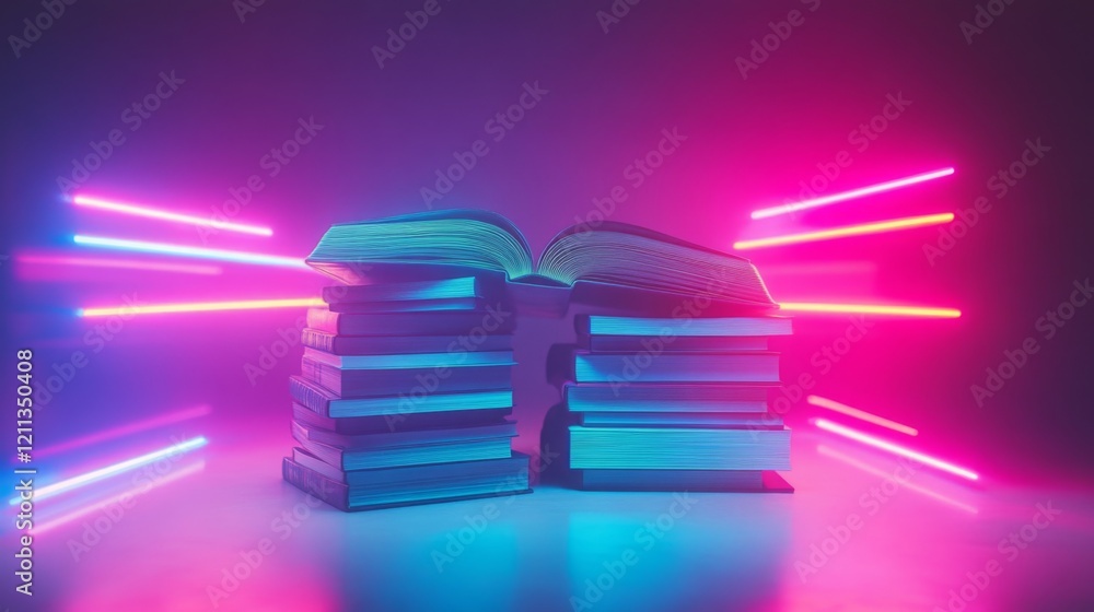 Poster stacks of books with neon lines in background creates vibrant and futuristic reading concept