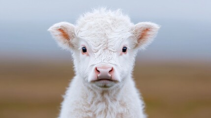 Obraz premium White Calf Portrait, Farmland Background, Adorable Animal, Cute Baby Cow