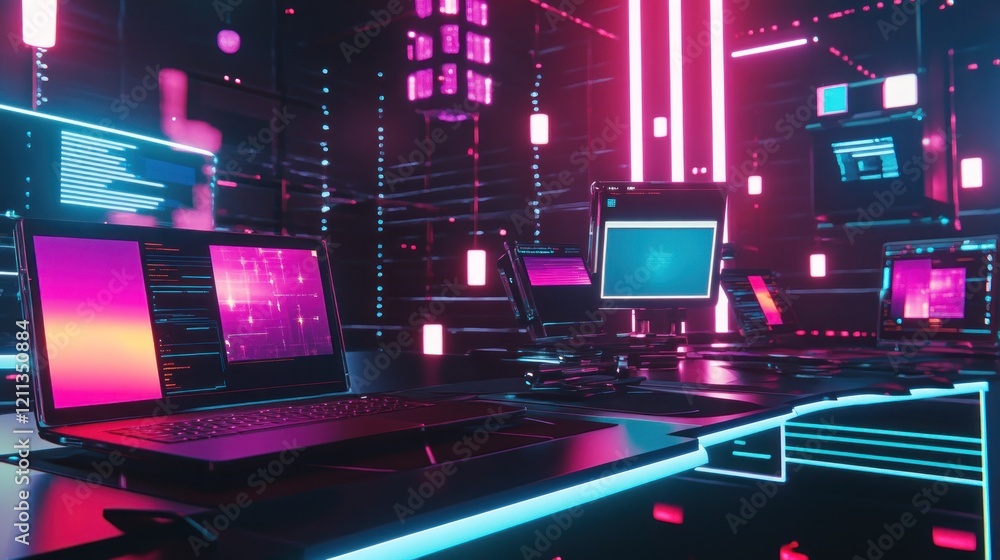 Aufkleber neon-lit cyberpunk workstation: a futuristic digital workspace bathed in vibrant pink and blue neon 
