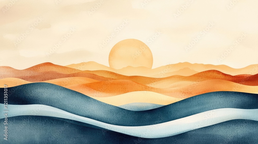 Poster rustic watercolor concept. an abstract depiction of serene waves and a warm sunset over rolling hill
