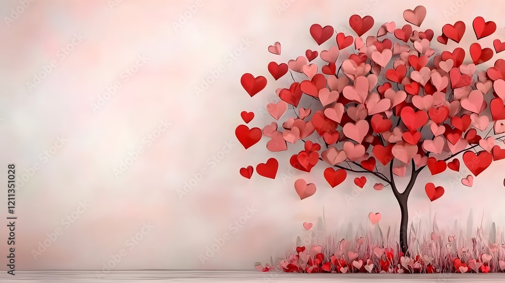 Aufkleber whimsical of a heart filled tree with delicate branches against a soft pastel colored background cre