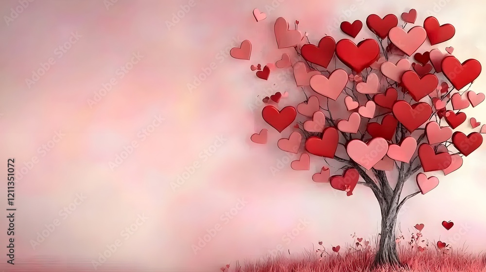 Poster Vibrant red and pink heart shaped leaves on a whimsical tree standing against a soft gradient background with ample copy space for a romantic Valentine s Day design or concept