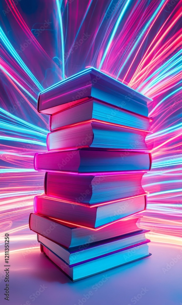 Poster stack of books illuminated with neon pink and blue lights with speed lines effect in the background