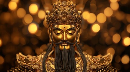 A majestic golden figure adorned with intricate details, set against a shimmering golden background that evokes a sense of divinity and opulence.