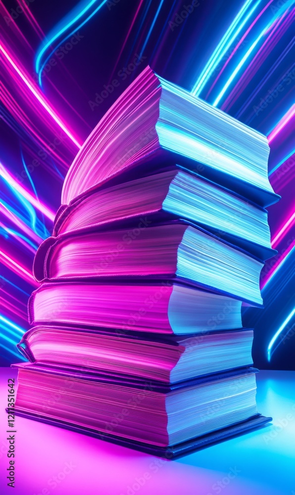 Poster Stack of glowing books illuminated with vibrant neon lights creating a surreal atmosphere