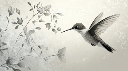 Hummingbird in flight near delicate floral branches