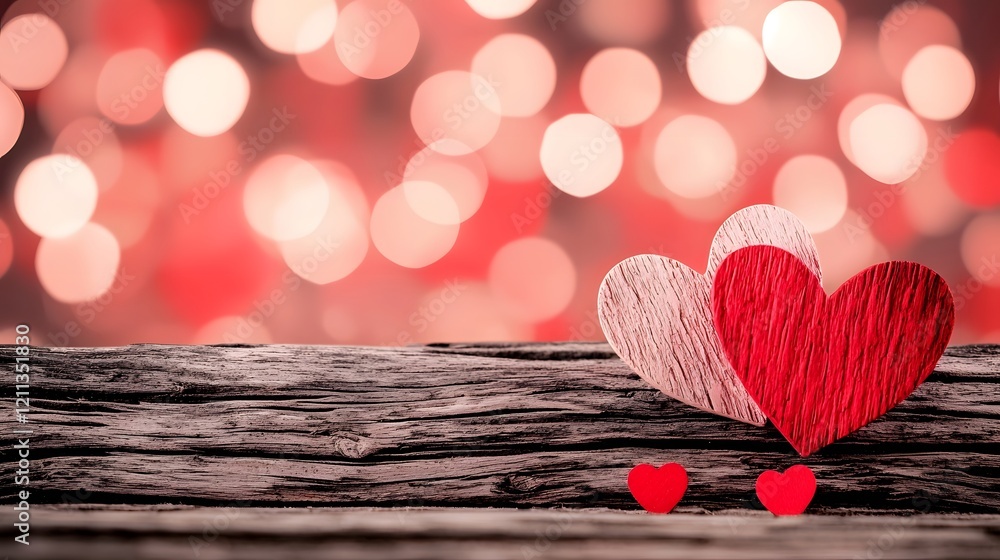 Poster warm wooden background with soft pink and red bokeh lights creating a cozy romantic ambiance perfect