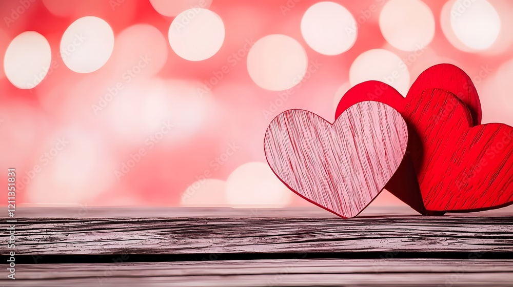 Poster warm wooden background with soft pink and red toned bokeh lights creating a cozy and romantic valent