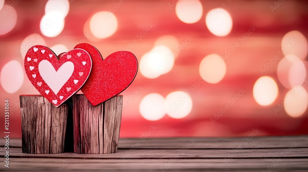 Poster Warm and inviting wooden background with soft pink and red bokeh lights creating a cozy and romantic ambiance for Valentine s Day and romantic occasions