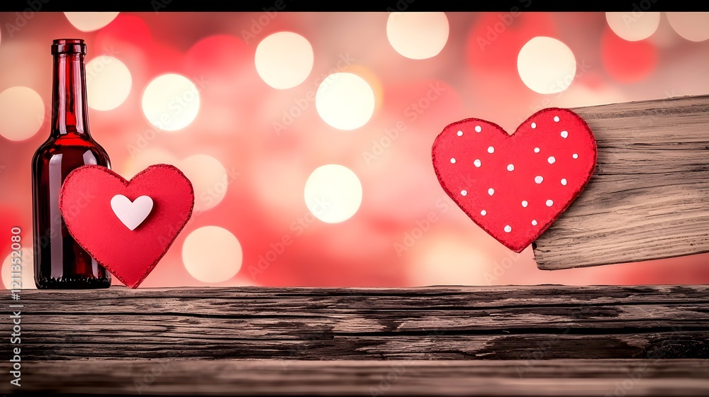 Aufkleber Elegant text reading Valentine s Day written in a stylish cursive font on a rustic wooden background with glowing pink and red bokeh lights creating a warm romantic atmosphere perfect for Valentine s