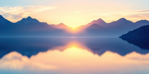 Serene Sunrise Over Majestic Mountain Lake Reflection