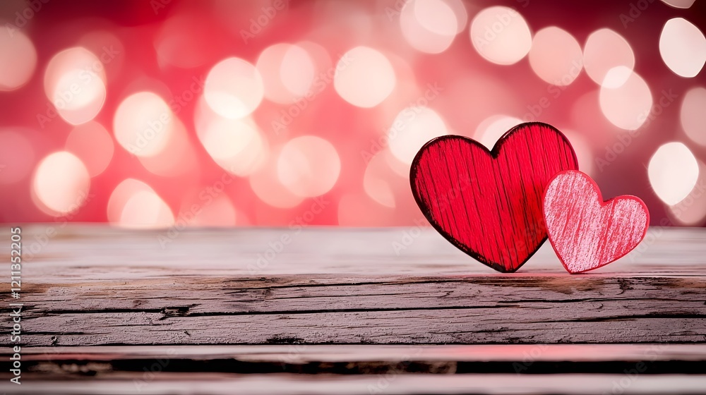 Poster Stylish Valentine s Day text displayed on a rustic wooden surface illuminated by dreamy bokeh lights in shades of pink and red creating a cozy and festive atmosphere for a romantic holiday