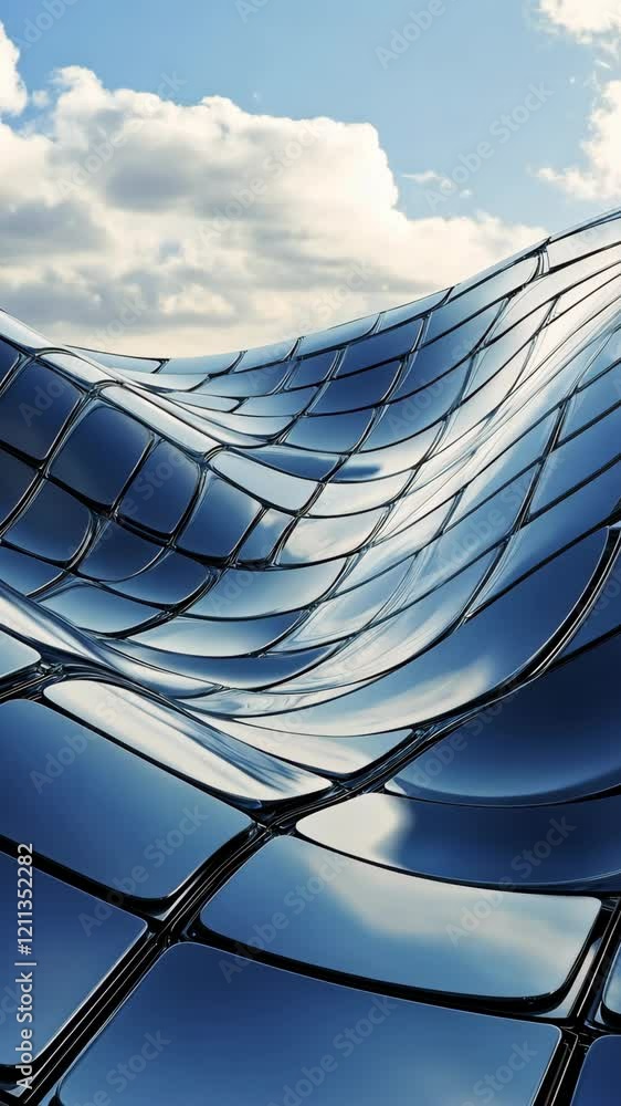 Poster reflective waves of a modern structure under a cloudy sky captured in a dynamic angle