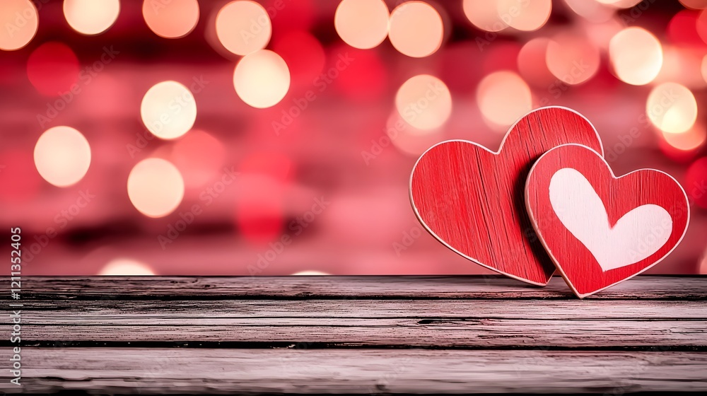Poster romantic glowing hearts on textured wooden background with vibrant bokeh lights in warm red and pink