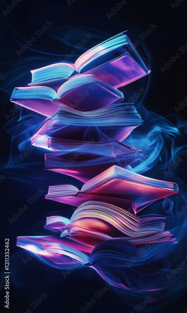 Poster stack of open books with glowing edges on a dark background with blue smoke effects