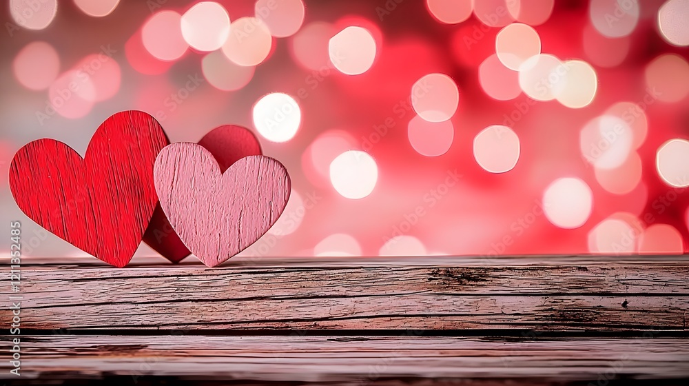 Poster romantic valentines day text glowing softly on a textured wooden background accented by scattered bo
