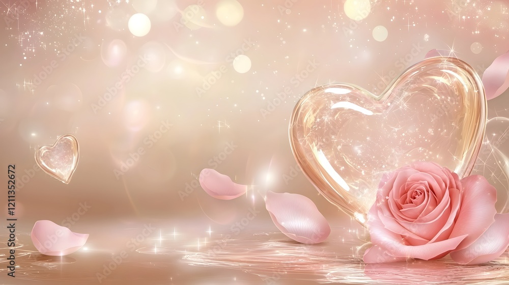 Poster elegant love letter envelope with a heart seal and a blooming red rose surrounded by scattered petal