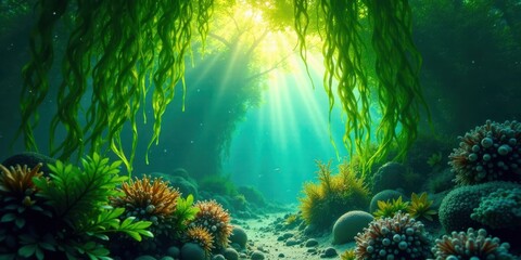 Fototapeta premium Submerged Aquatic Garden Sunbeams Illuminate Vibrant Kelp Forest and Coral Reef Ecosystem