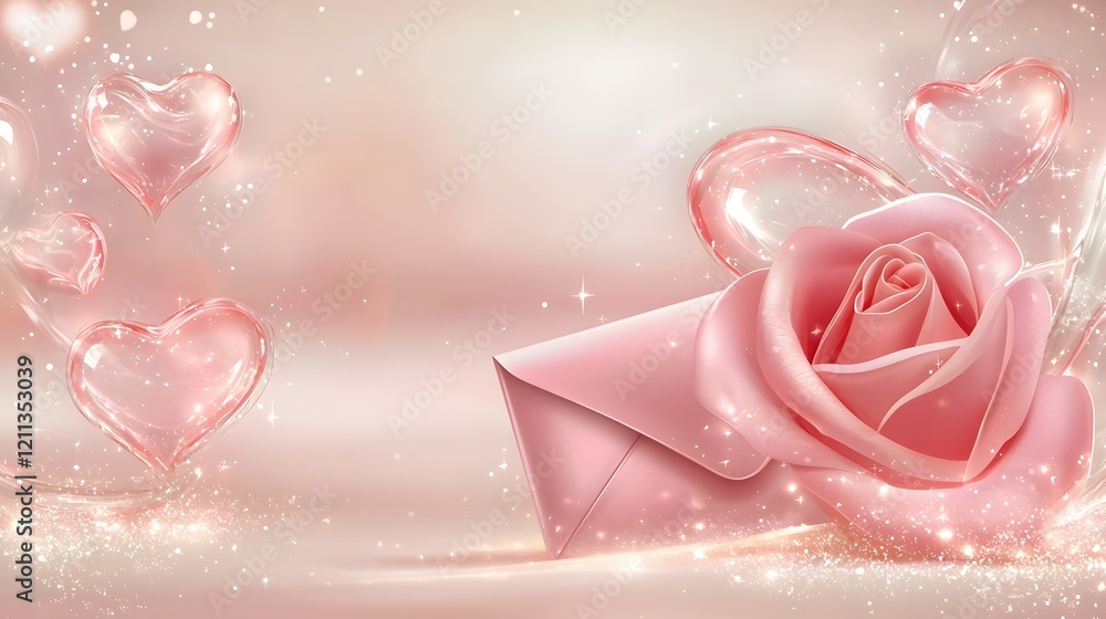Poster romantic red rose resting beside glowing love letter envelope with delicate heart patterns on a warm