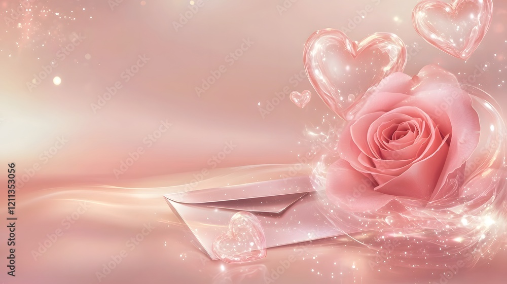 Aufkleber romantic red rose resting beside a love letter envelope with heart patterns highlighted with glowing
