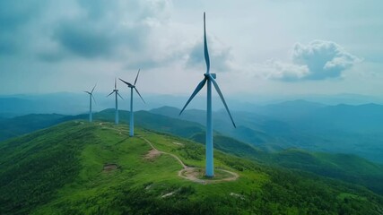 Majestic wind turbines spinning gracefully on lush green hilltops under dramatic sky