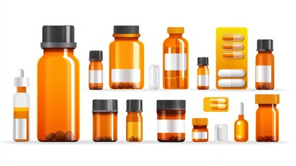 A collection of orange medical containers and bottles, showcasing various shapes and sizes for pharmaceutical use.