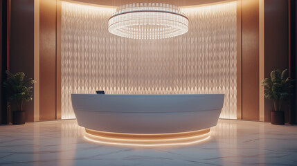 A modern and minimalist reception area with a curved white desk