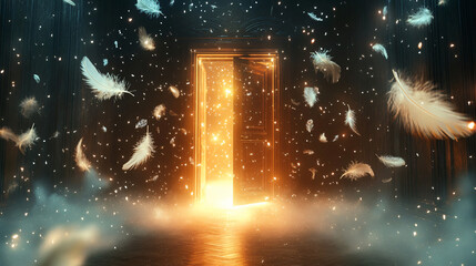 Glowing heavenly entrance radiant light emitting large door ethereal white feather mystical cloud divine celestial ambiance surreal sky way porch out space angle god gate portal tunnel exit wallpaper