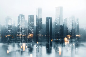 Fototapeta premium Cityscape Reflection Modern Metropolis Skyline at Dusk