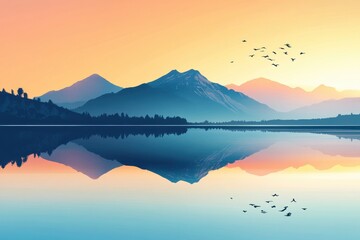 Fototapeta premium Serene Sunset Over Mountain Lake Reflection