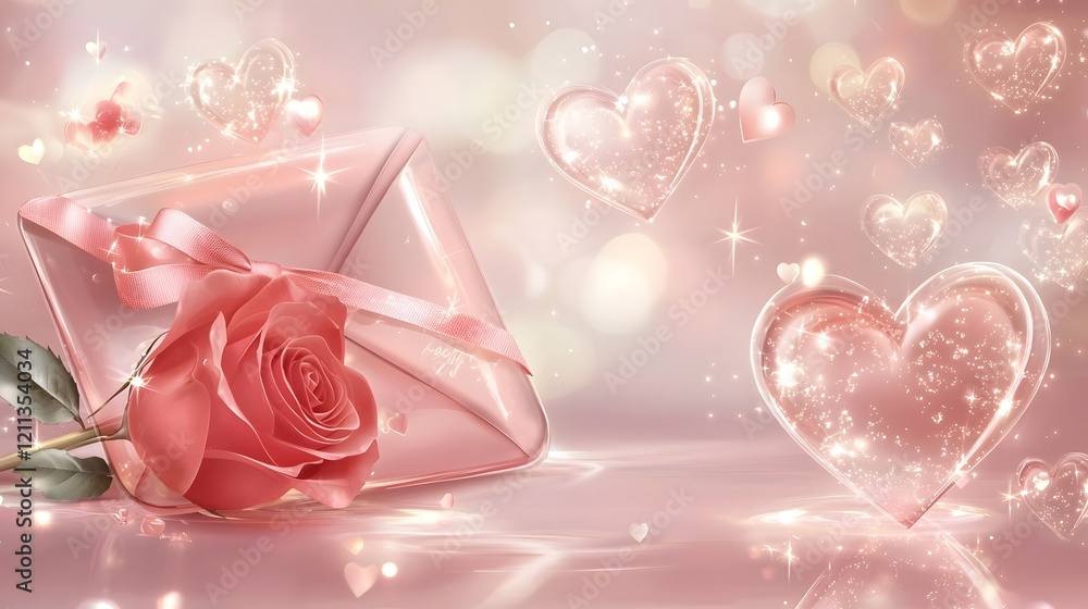 Poster romantic valentine s envelope tied with a ribbon a fresh red rose lying on it surrounded by glowing 