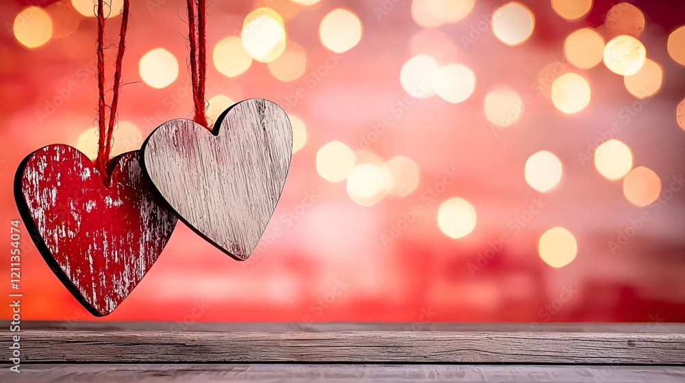 Poster colorful heart shaped wooden in vivid and striking hues hanging against a bright radiant gradient ba