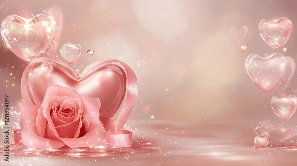 Poster romantic valentine s day red rose envelope tied with ribbon surrounded by glowing heart accents and 