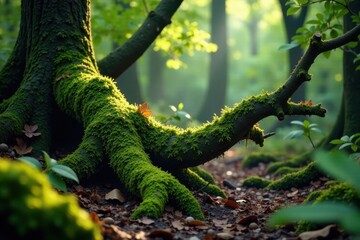 Rowan branches in the wet forest with moss growing on them, woods, greenery, tree branches
