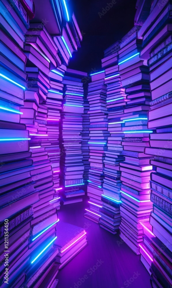 Poster a mesmerizing maze of stacked books illuminated with vibrant neon lights creating a captivating tunn