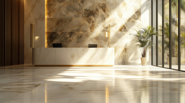 A bright and spacious modern lobby with a marble reception desk