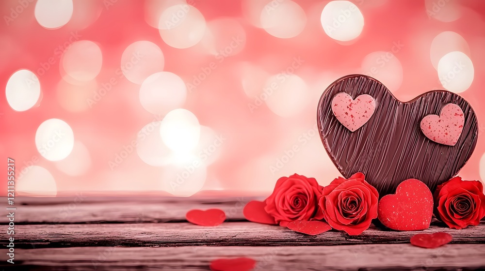 Poster romantic heart shaped chocolate and vibrant red roses scattered around set against a glowing soft pi
