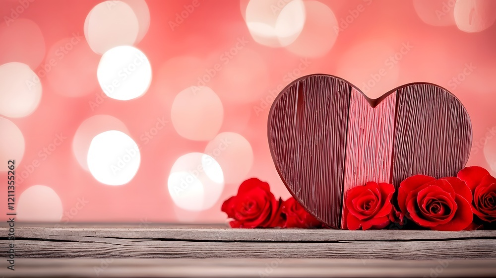 Poster romantic and luxurious display of heart shaped chocolate pieces scattered with vibrant red rose bloo