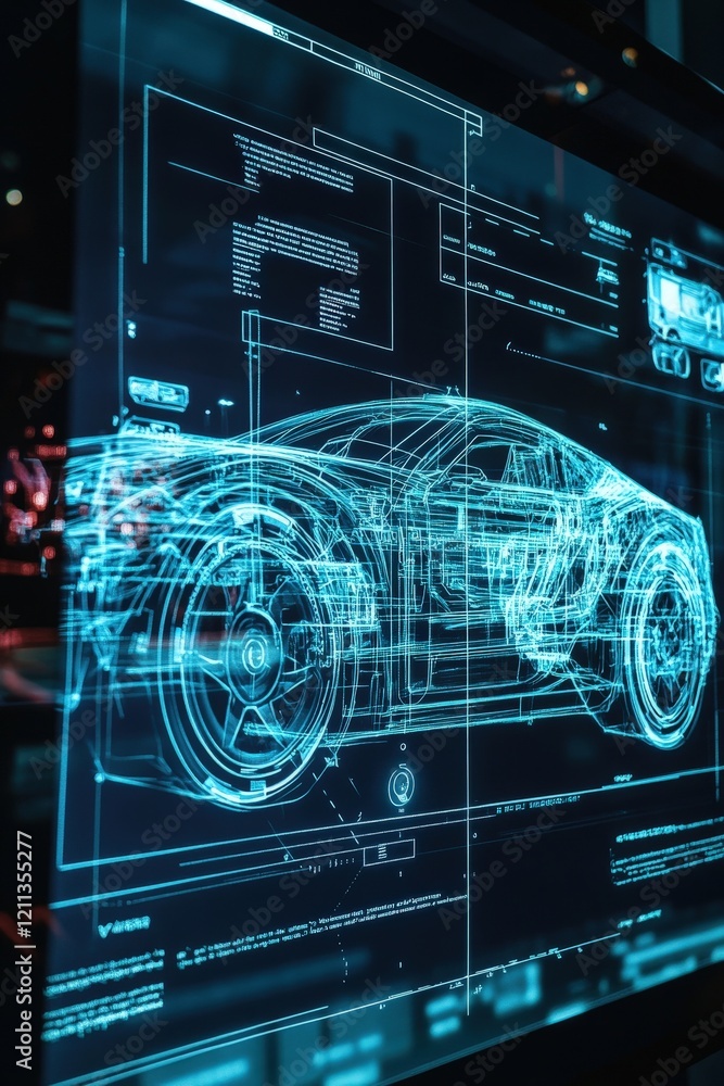 Poster a dynamic shot of a futuristic vehicle design blueprint displayed on a large digital screen