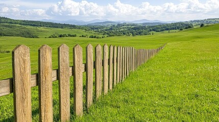 Fototapeta premium Wooden fence in green pasture, hills background, sunny day, rural landscape, idyllic scenery, nature photography