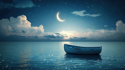 A magical scene of a tiny boat floating on a sparkling starry sea, under a crescent moon and soft clouds