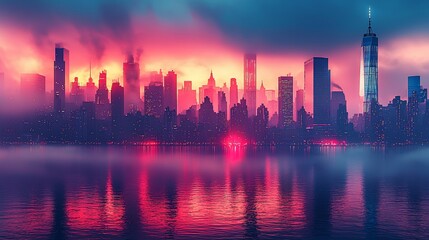Fototapeta premium Foggy city skyline at sunset with vibrant pink and purple hues reflecting on water.